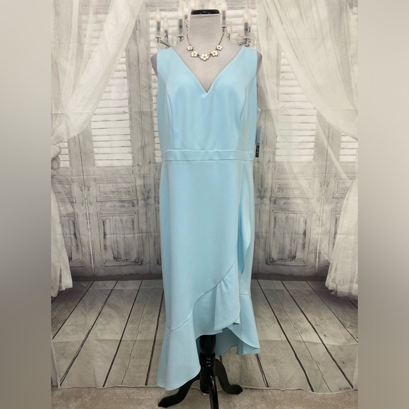 Xscape Size 14W Plus Aqua Blue Ruffled Midi Sleeveless Sheath Dress V Neck NWT - Picture 2 of 13